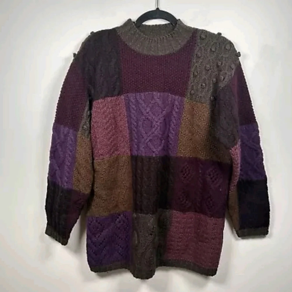 L.L.Bean Wool Patchwork Sweater Multicolored Purp… - image 1